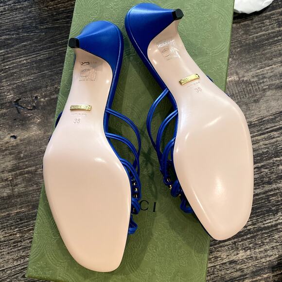 Rare! Gucci Crystal GG Logo Strappy Heeled Sandal Blue 38 - Picture 7 of 9